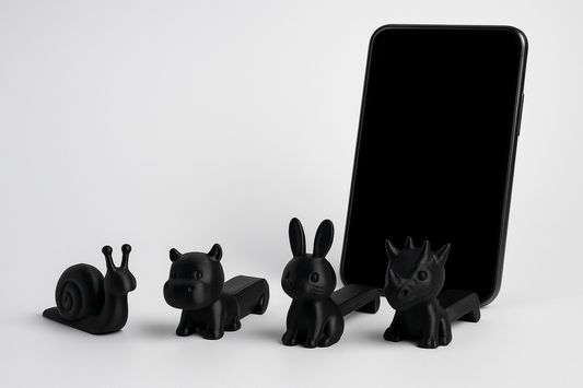 🦕🖤 4-in-1 Animal Mobile Stand & Keychain Set – Cute Dino, Bunny, Hippo & Snail (3D Printed | Black Edition)